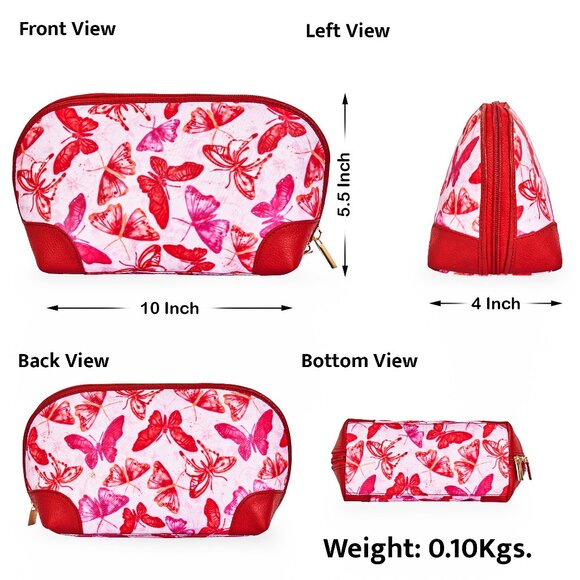 Printed Fabric Pink Cosmetic Pouch Bag for Women, Travel Case with Leather trim - Picture 3 of 8